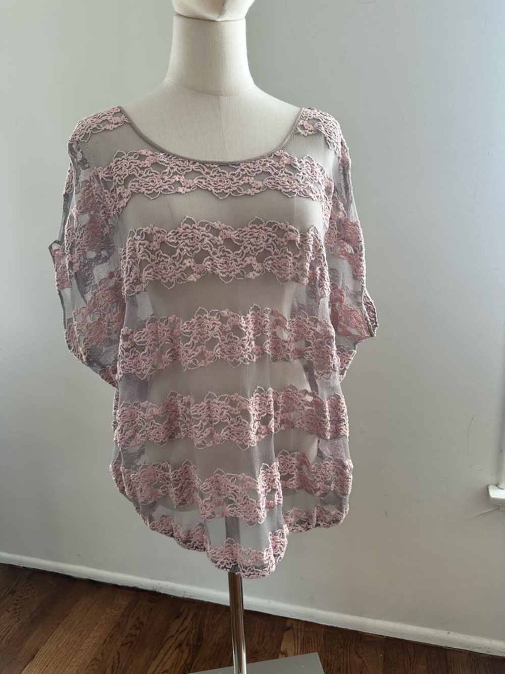 Free People Sheer Lace Stripe Top – Dusty Pink & Gray, Drapey Boho Layer, Size M